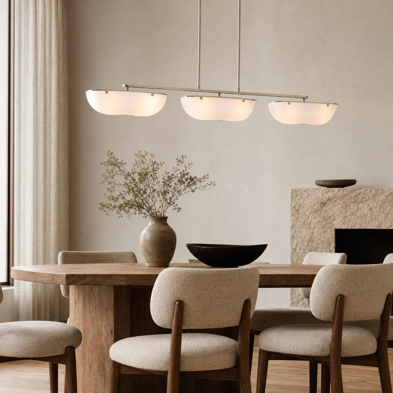 Ferosa Boat-Shaped Lampshade Linear Chandelier - Antique Brass with Milk Glass