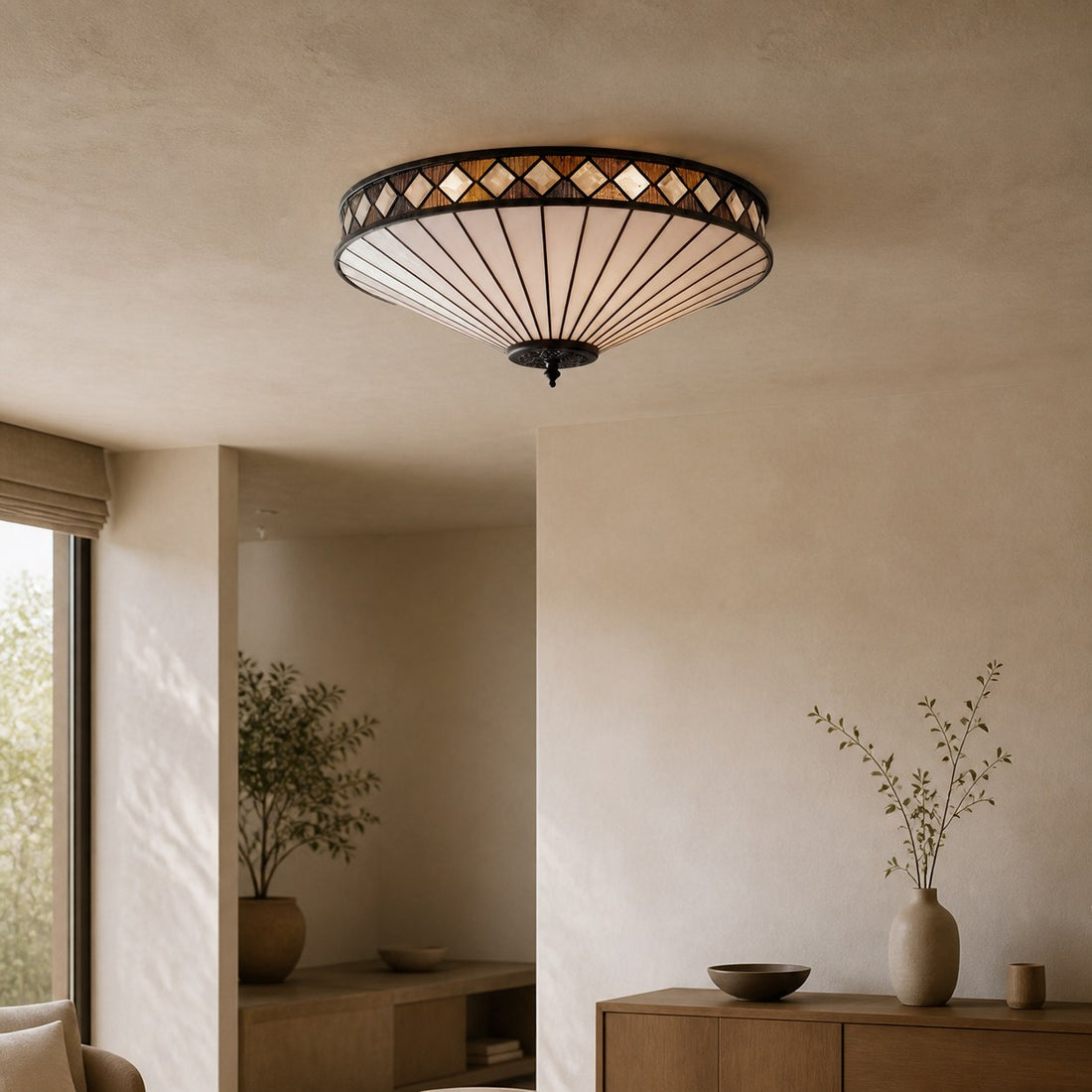 TF Fargo Geometric Flush Mount Light — Handcrafted Art Deco Stained Glass Lamp for Entryway