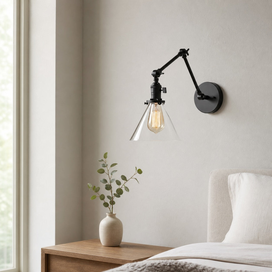 Conique Metal Industrial Wall Sconce with Adjustable Arm - Vintage Glass Cone Shade
