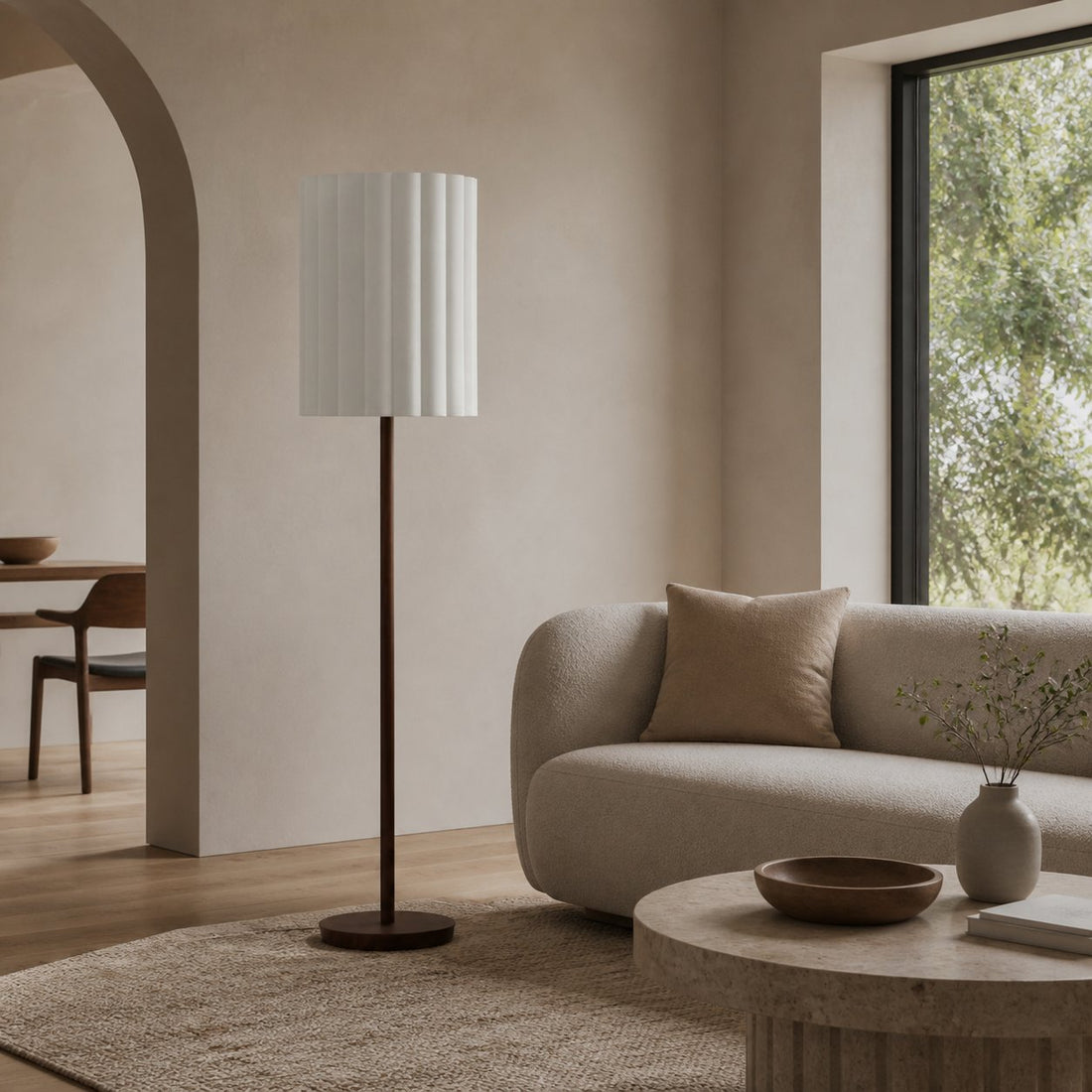 Linbron Walnut Wood Floor Lamp with Fluted Linen Shade – Modern Natural Home Decor
