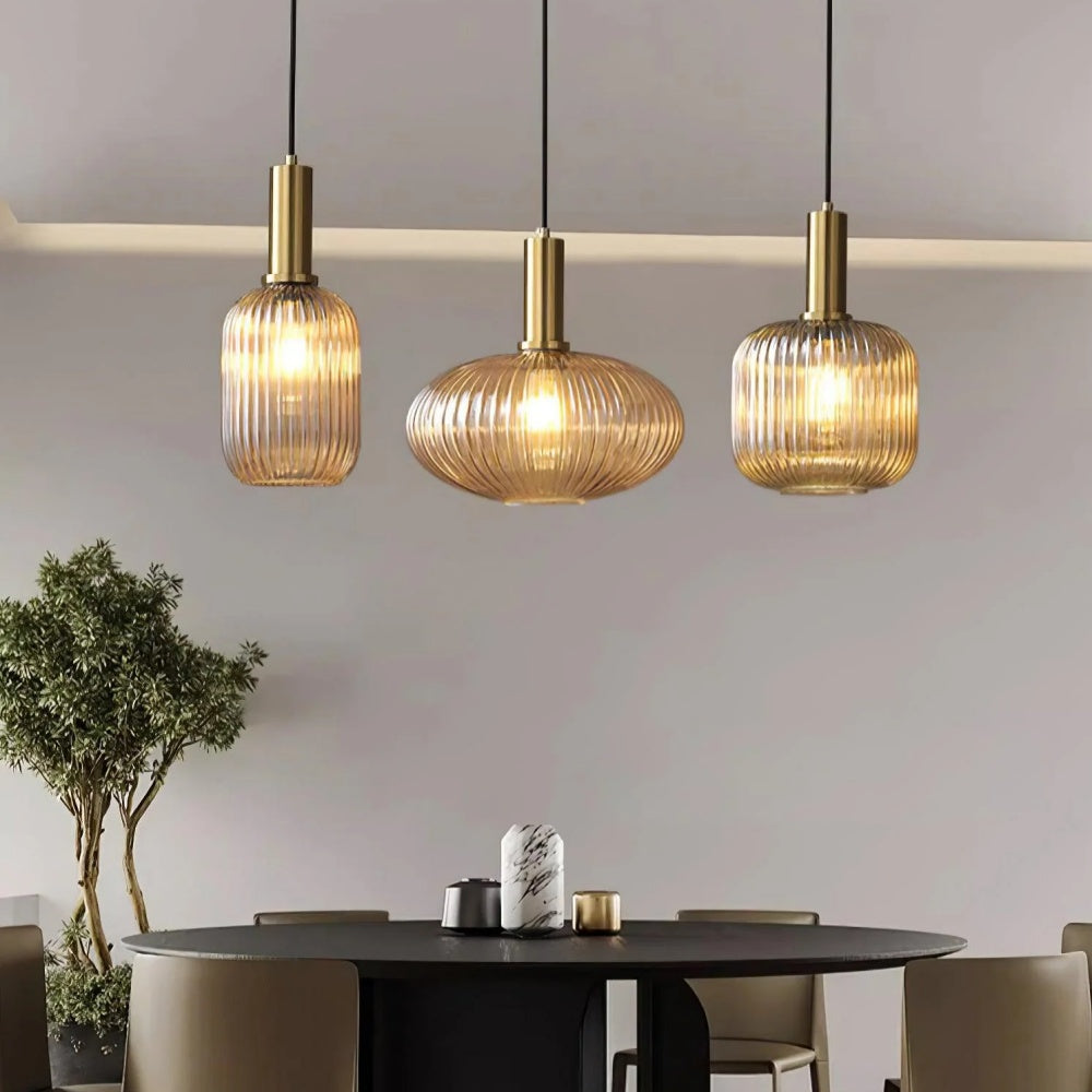 Ribbed Stained Glass Pendant Lamp – Retro Lantern Shape Hanging Light