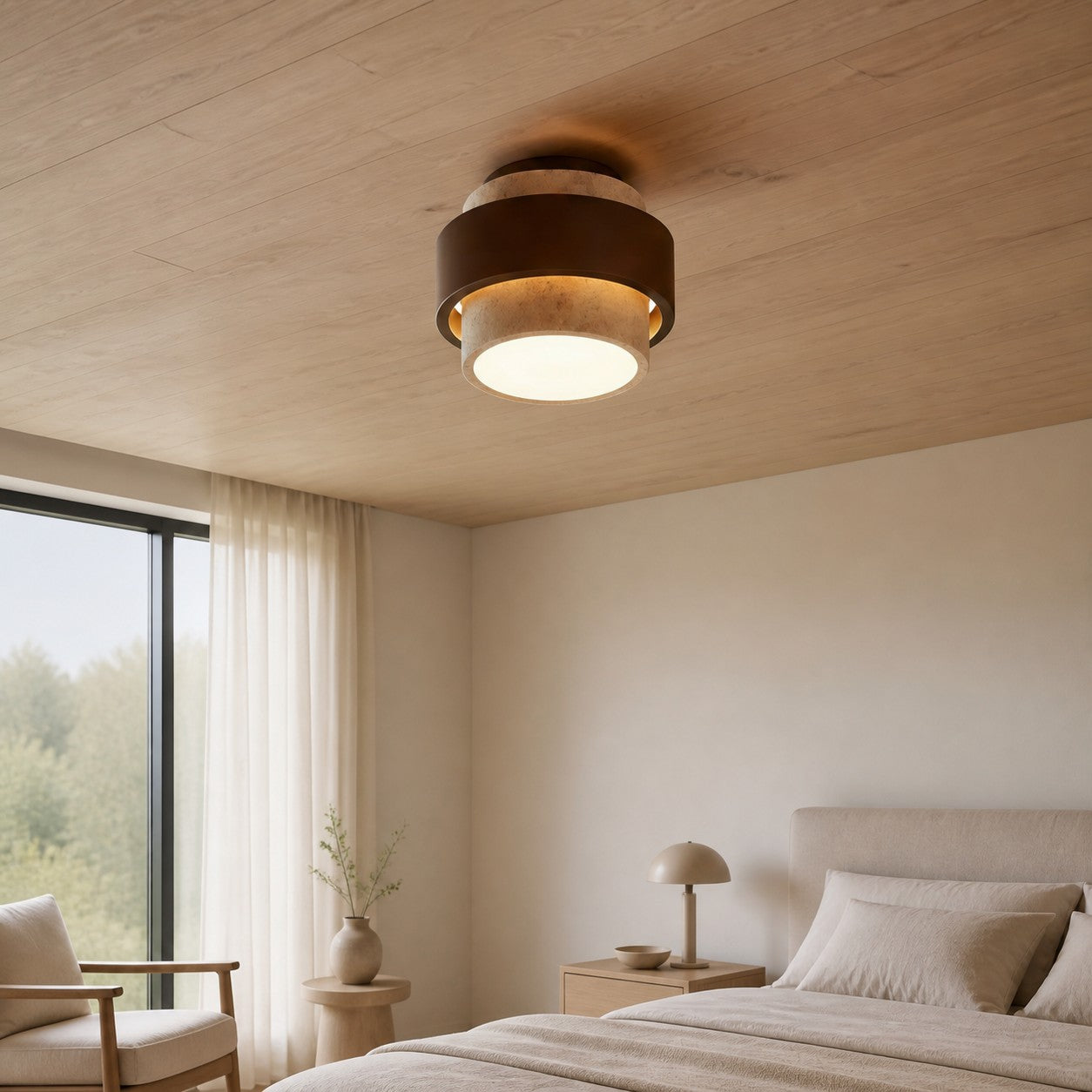 MokuStone Wabi Sabi Travertine Ceiling Lamp - Textured Stone Flush Mount Lighting for Home