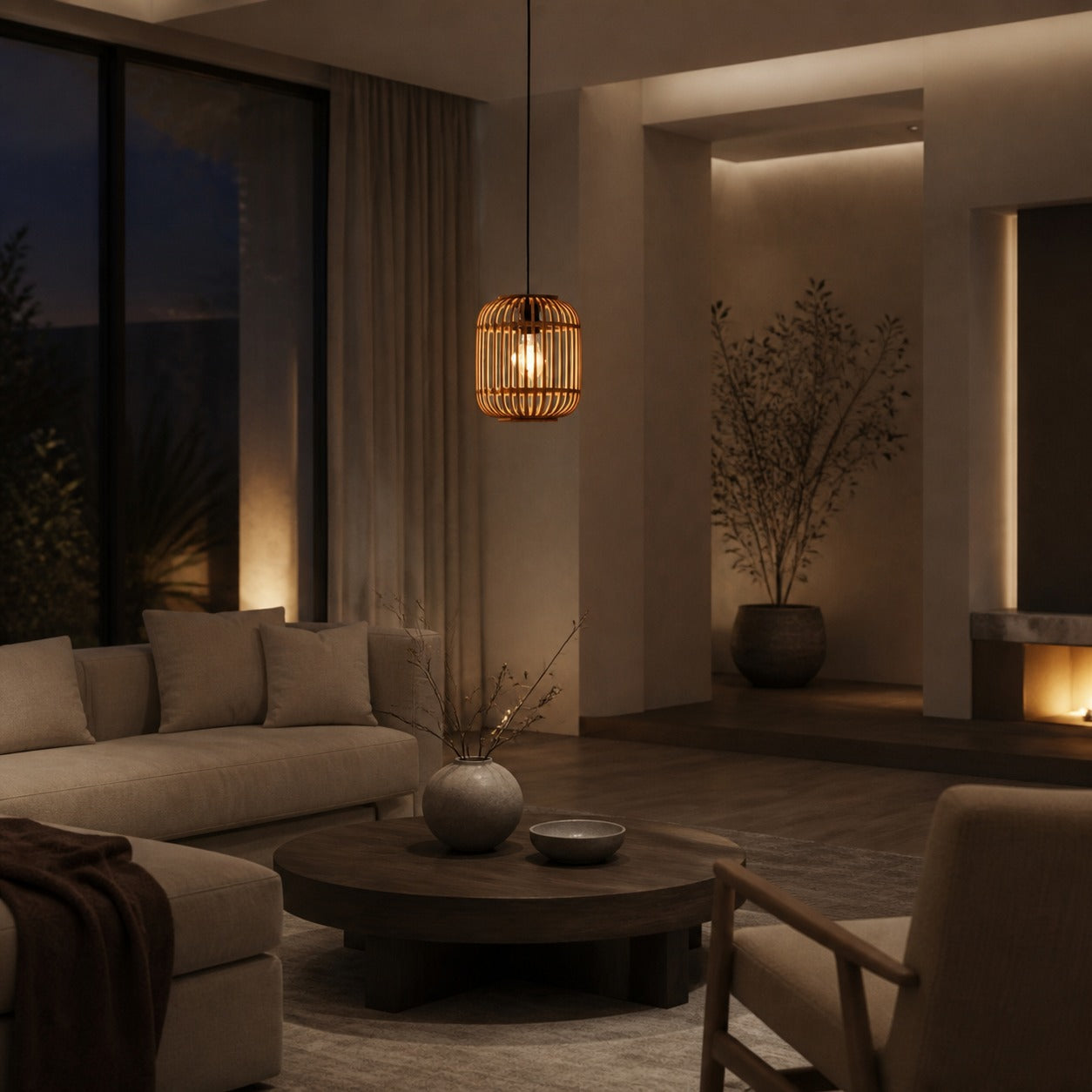 Yumeko Adjustable Bamboo Pendant Lamp - Natural Cage Ceiling Light Perfect for Living & Dining Rooms