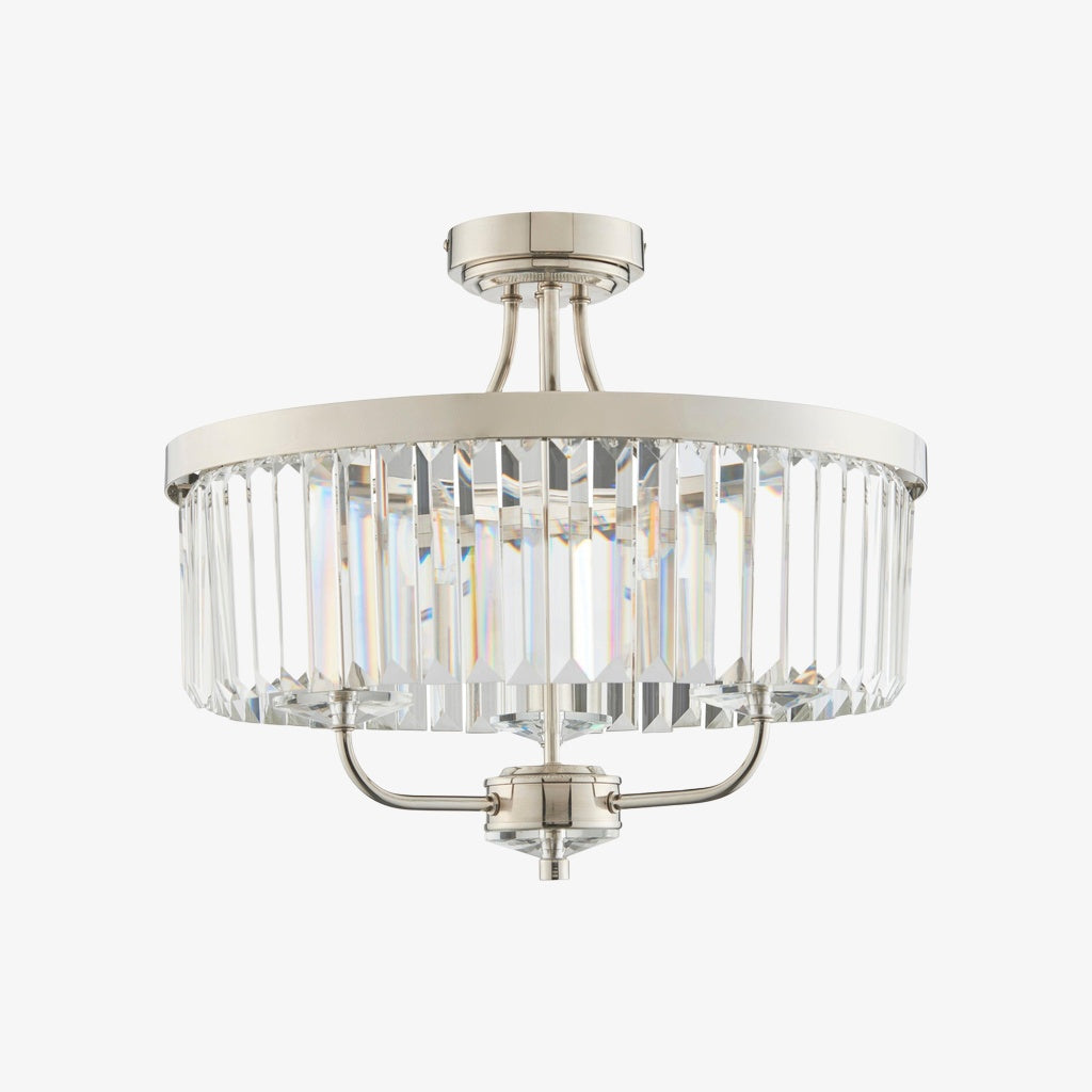 Beveline 3 Light Round Semi Flush - Faceted Cut Glass Shade Metal Finish for Hallways and Bedrooms