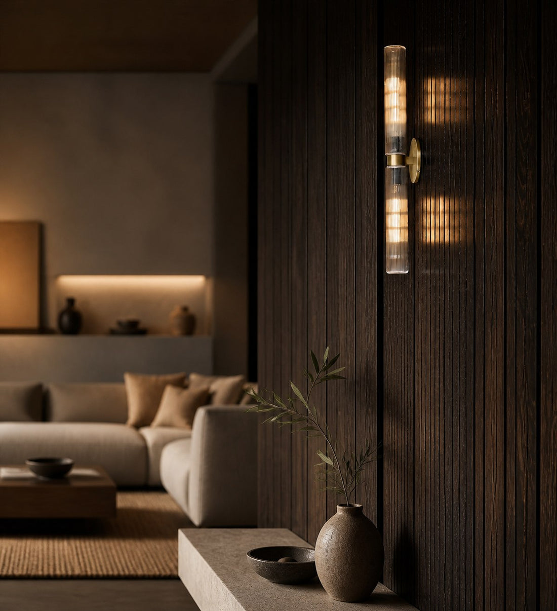 Rivora Modern Fluted Glass Wall Light - Double Short Indoor Outdoor Sconce