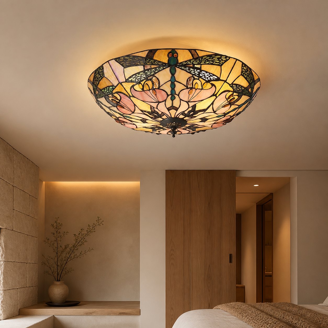 TF Ashton Tiffany Dragonfly Motif Tiffany Glass Flush Surface Mount - Transitional Style for Bedrooms and Lounge Spaces