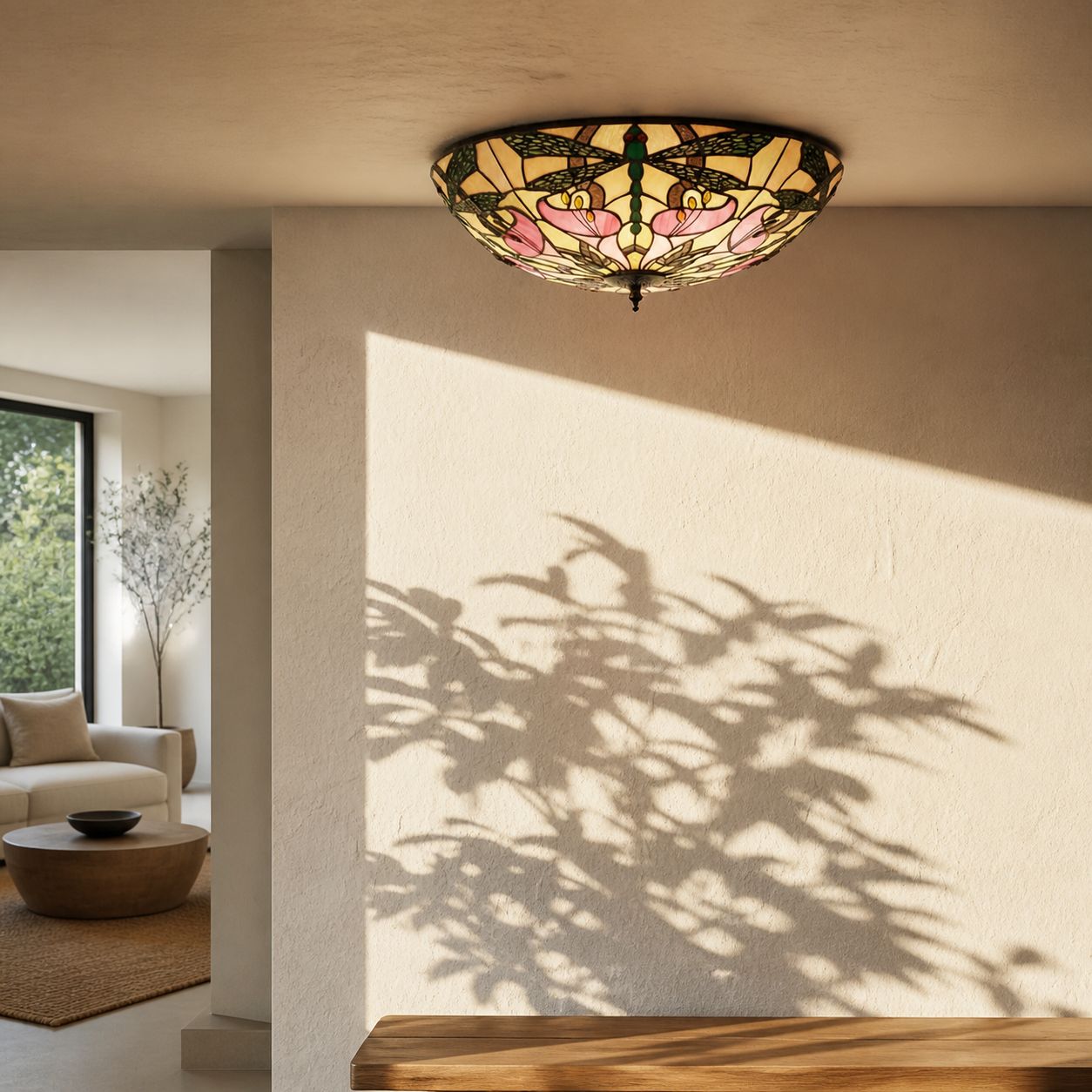 TF Ashton Tiffany Dragonfly Motif Tiffany Glass Flush Surface Mount - Transitional Style for Bedrooms and Lounge Spaces
