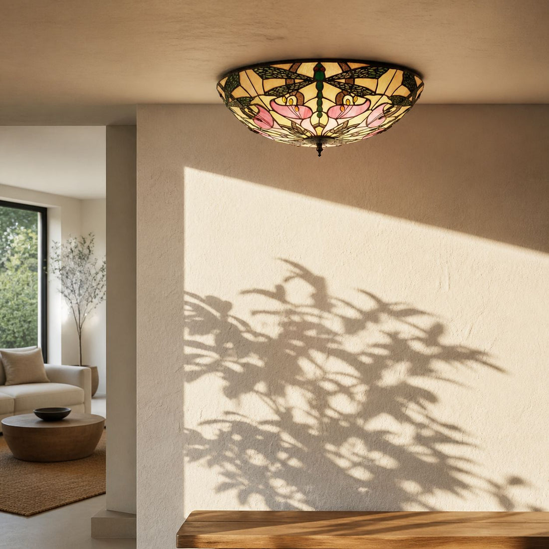 TF Ashton Tiffany Dragonfly Motif Tiffany Glass Flush Surface Mount - Transitional Style for Bedrooms and Lounge Spaces