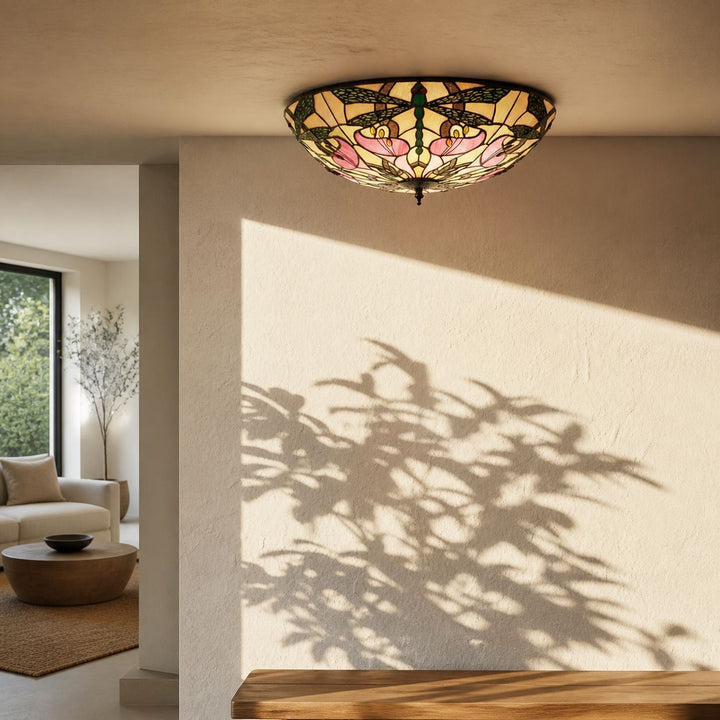 TF Ashton Tiffany Dragonfly Motif Tiffany Glass Flush Surface Mount - Transitional Style for Bedrooms and Lounge Spaces