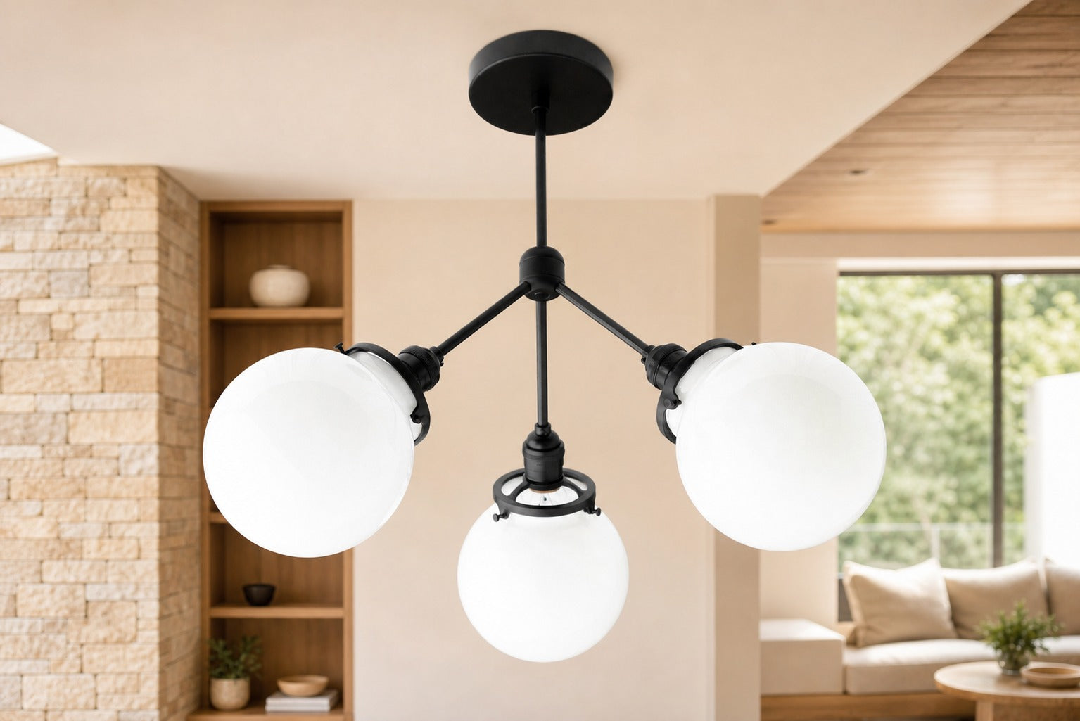 Glorica Glass Chandelier - Brass Globe Ceiling Light with Opal Shade