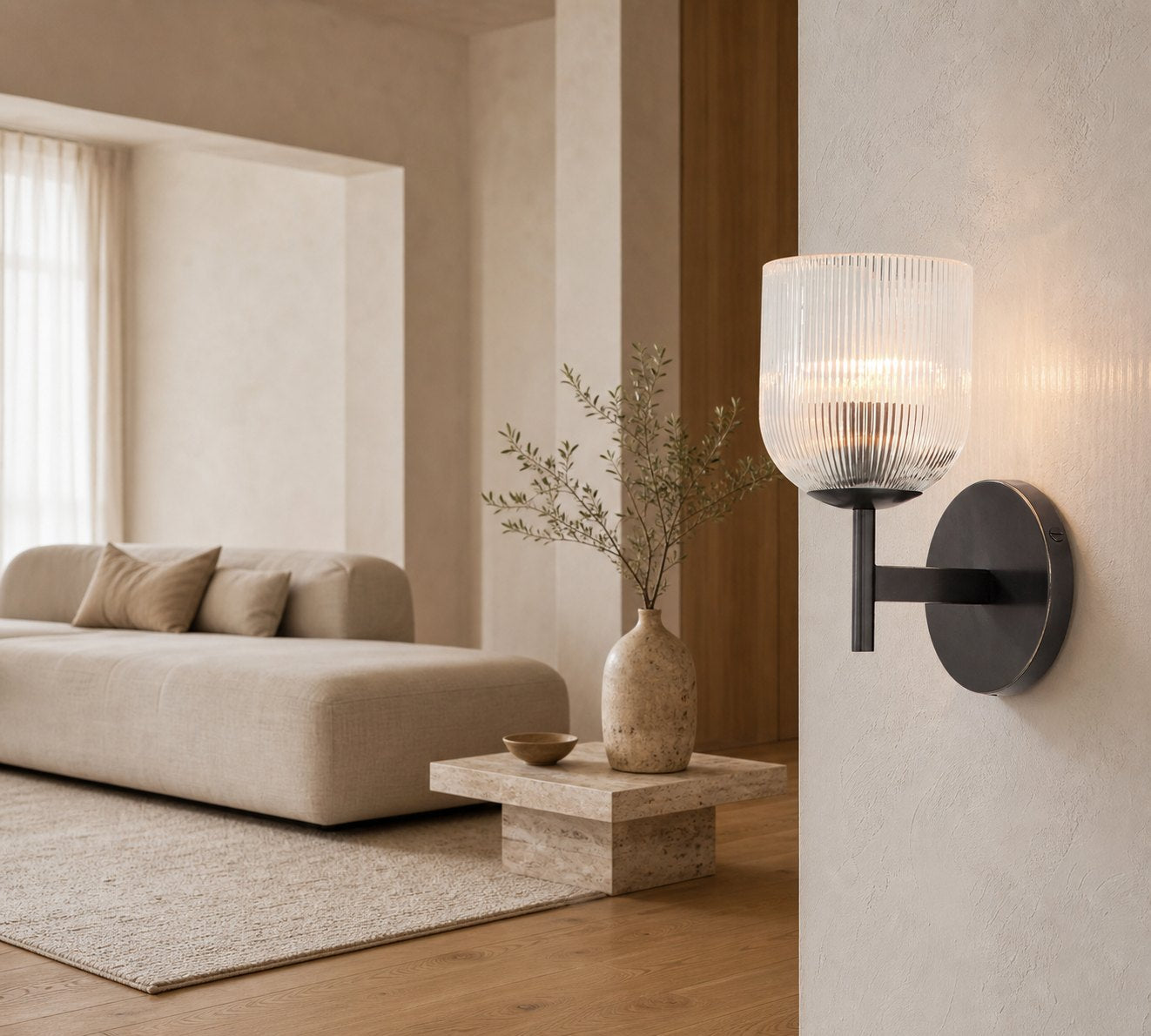 Bravira Ribbed Glass Sconce - Metal Wall Light with Clear Glass Shade