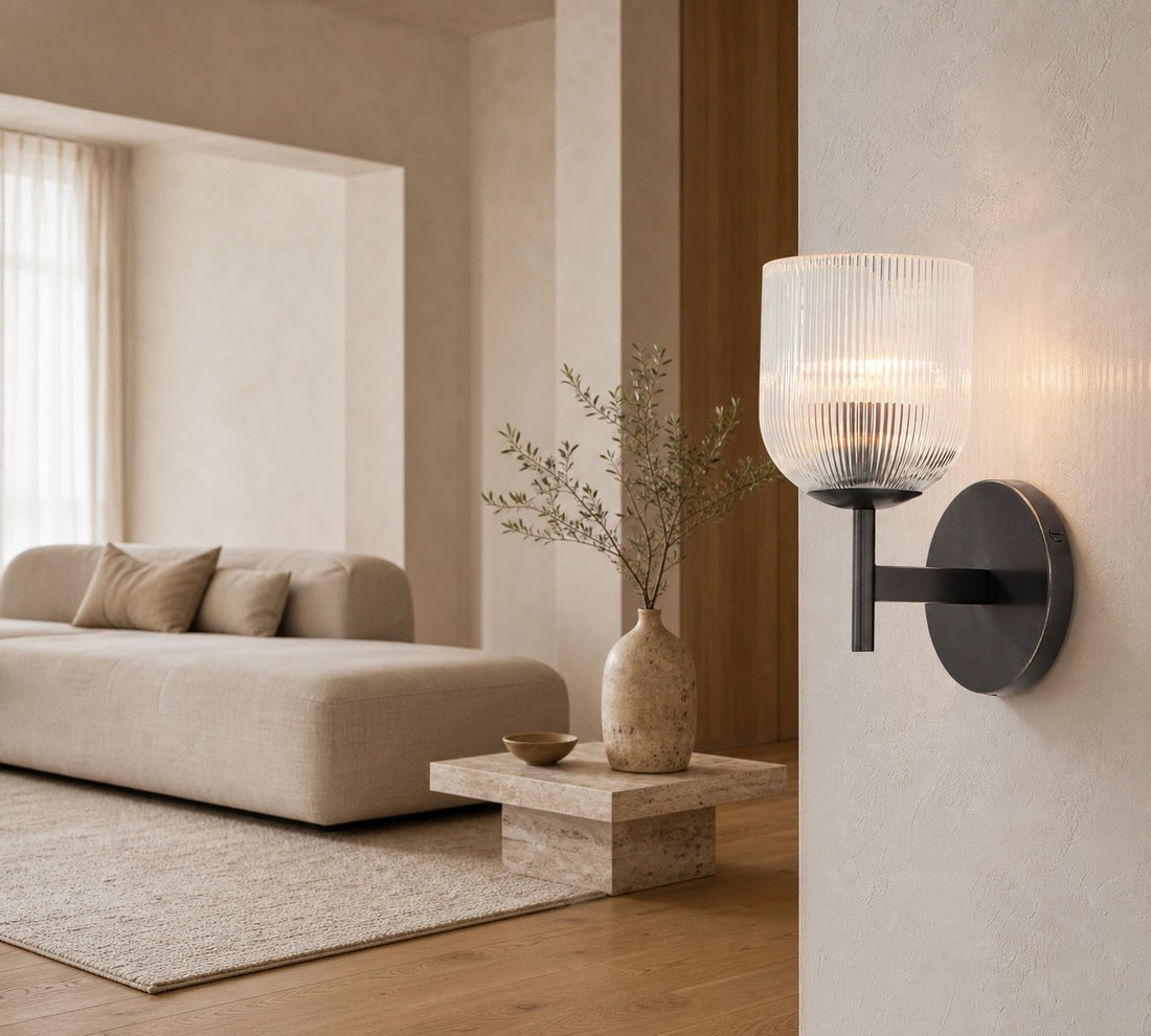Bravira Ribbed Glass Sconce - Metal Wall Light with Clear Glass Shade