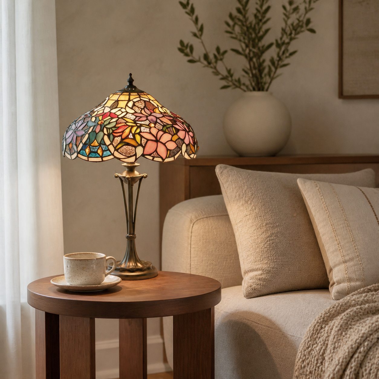 TF Sullivan Tiffany Table Lamp - Floral Stained Glass Design for Bedroom or Living Room