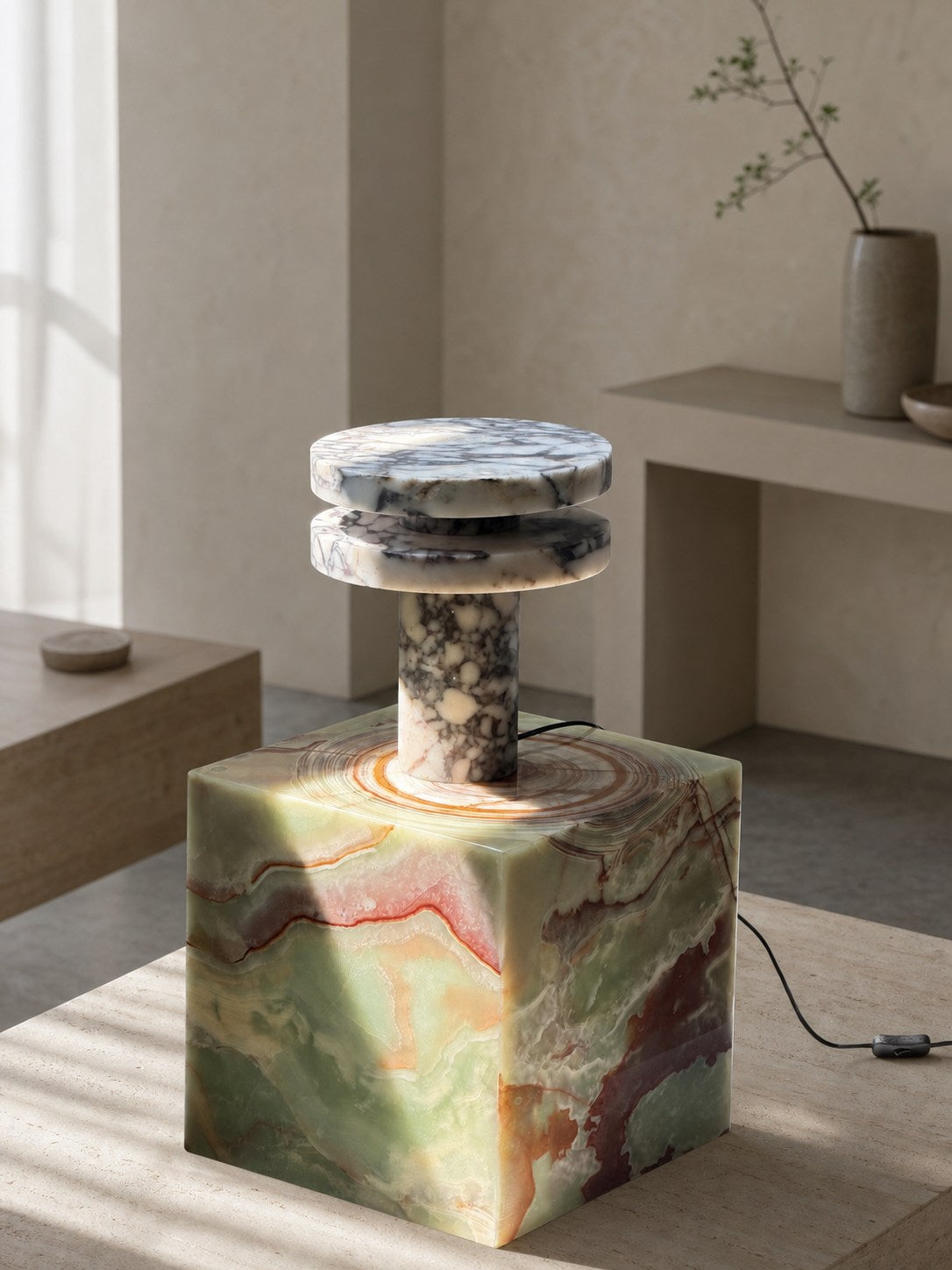 Modern Sculptural Table Lamp with Cylindrical Base Design for Bedroom Bedside and Living Room Use