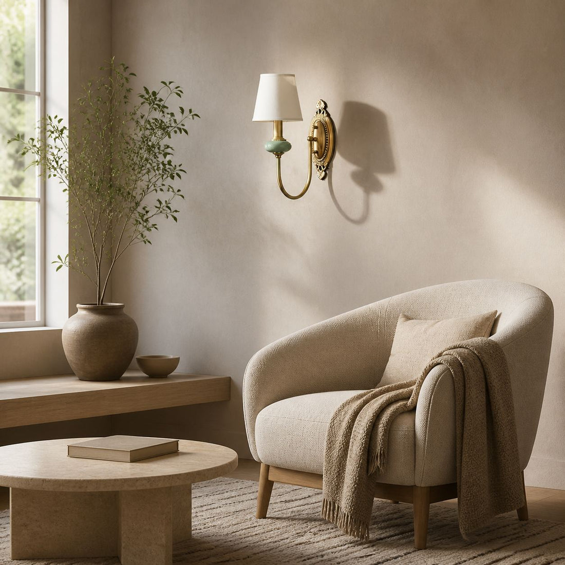 Rowanea Ceramic Wall Sconce with Fabric Shade and Metal Finish – Farmhouse Modern Hallway Light