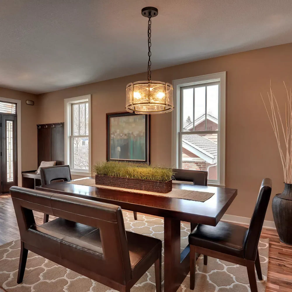 Water Ripple Drum Pendant Light - Matte Black Clear Glass 3-Light Chandelier