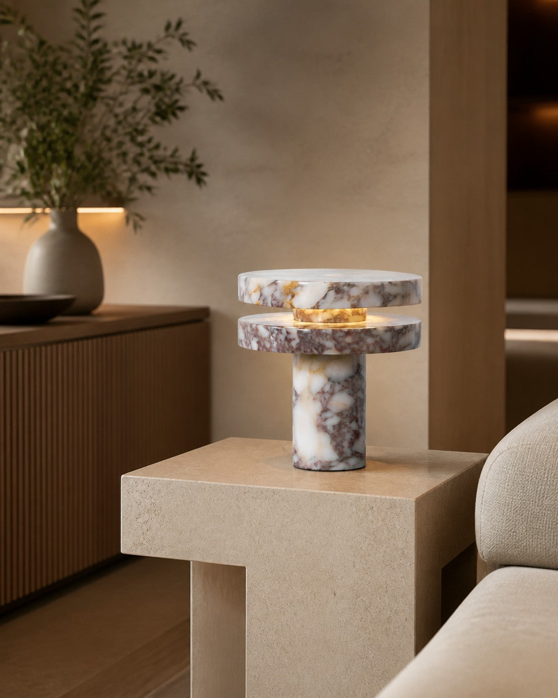 Modern Sculptural Table Lamp with Cylindrical Base Design for Bedroom Bedside and Living Room Use