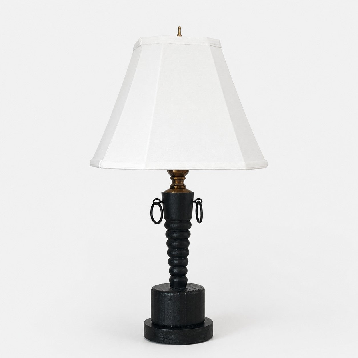 Vintage Black Wood Table Lamp with White Fabric Shade
