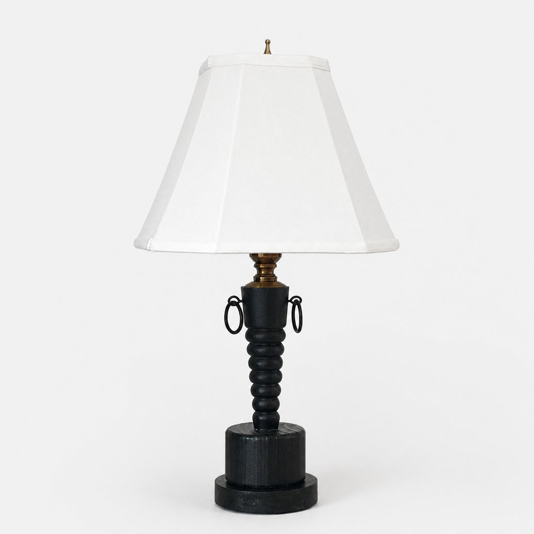 Vintage Black Wood Table Lamp with White Fabric Shade