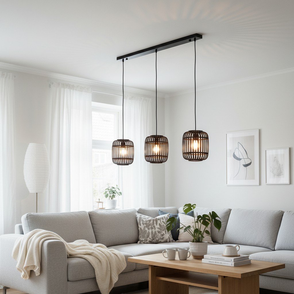Yumeko Adjustable Bamboo Pendant Lamp - Natural Cage Ceiling Light Perfect for Living & Dining Rooms