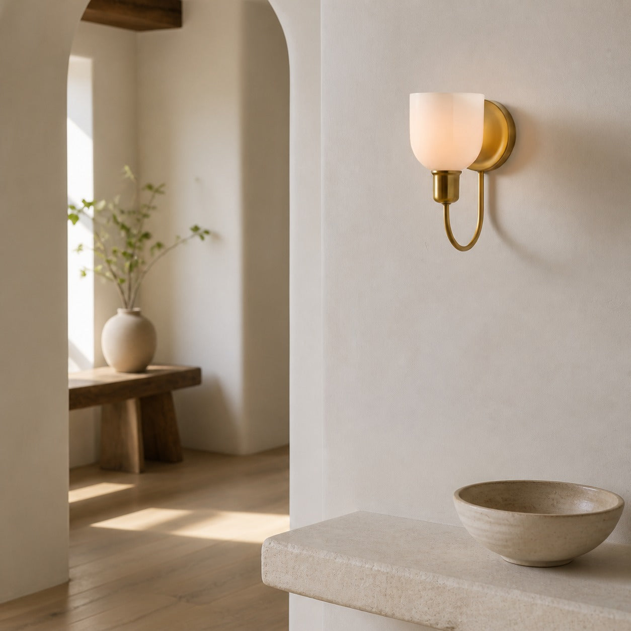 Tracian Wall Sconce - Curved Arm with Glass or Linen Shade for Bedroom