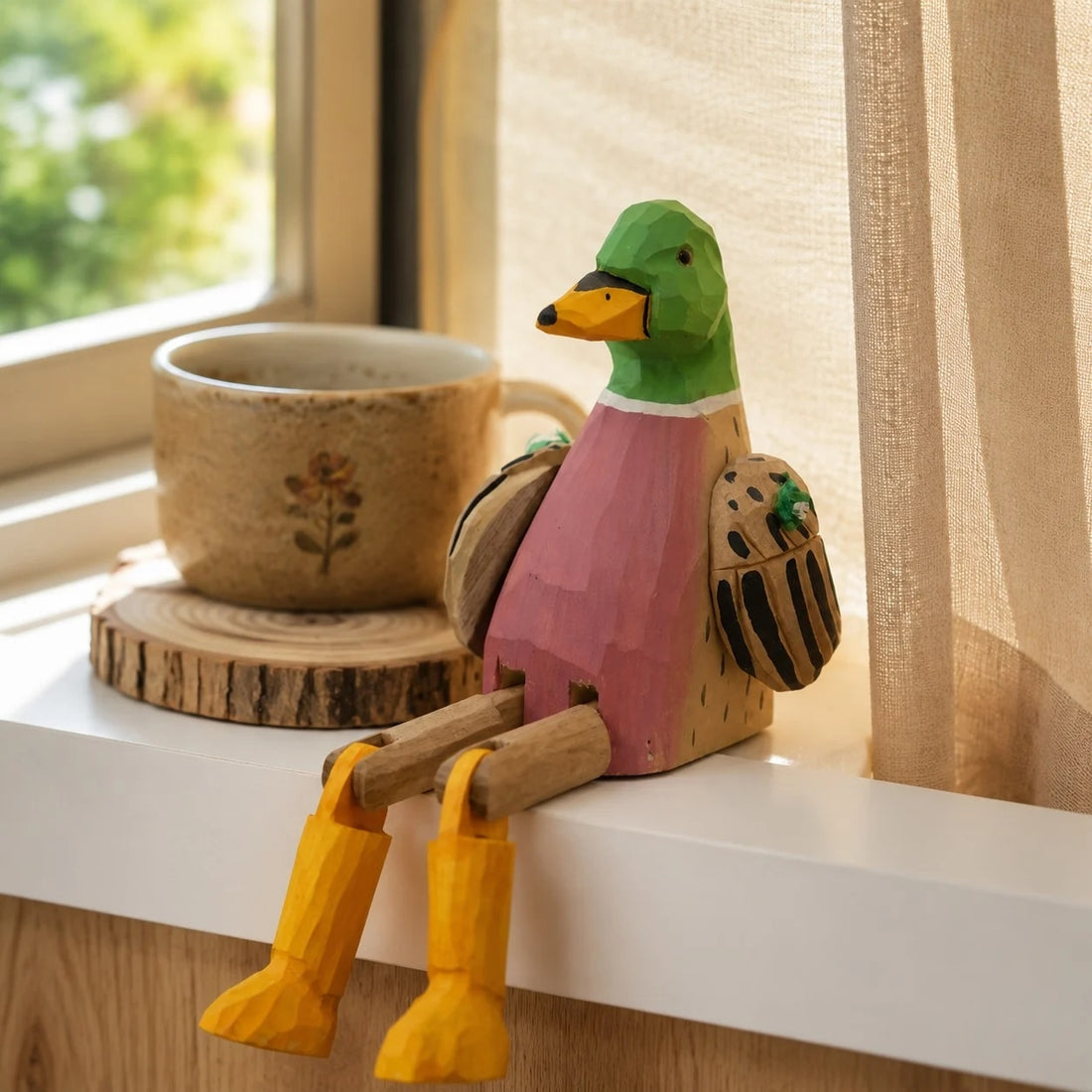 Hand-carved wooden green head duck ornament styled on a tabletop edge