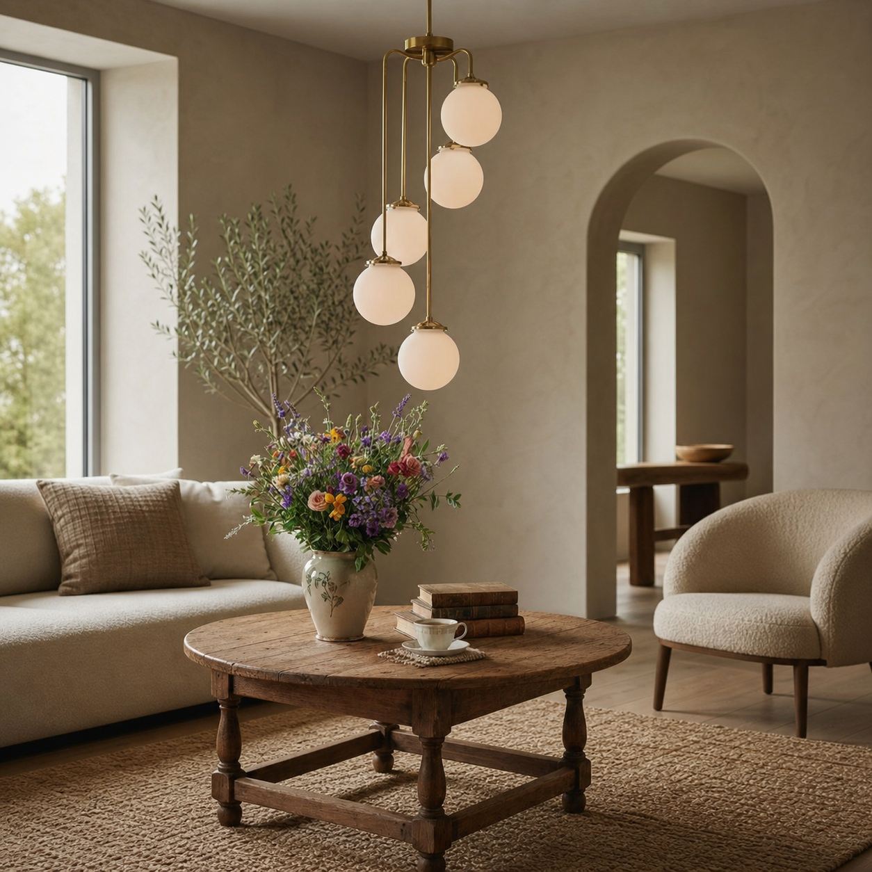 Glorica Glass 5 Globe Chandelier - Brass and Opal Glass Vintage Pendant Light
