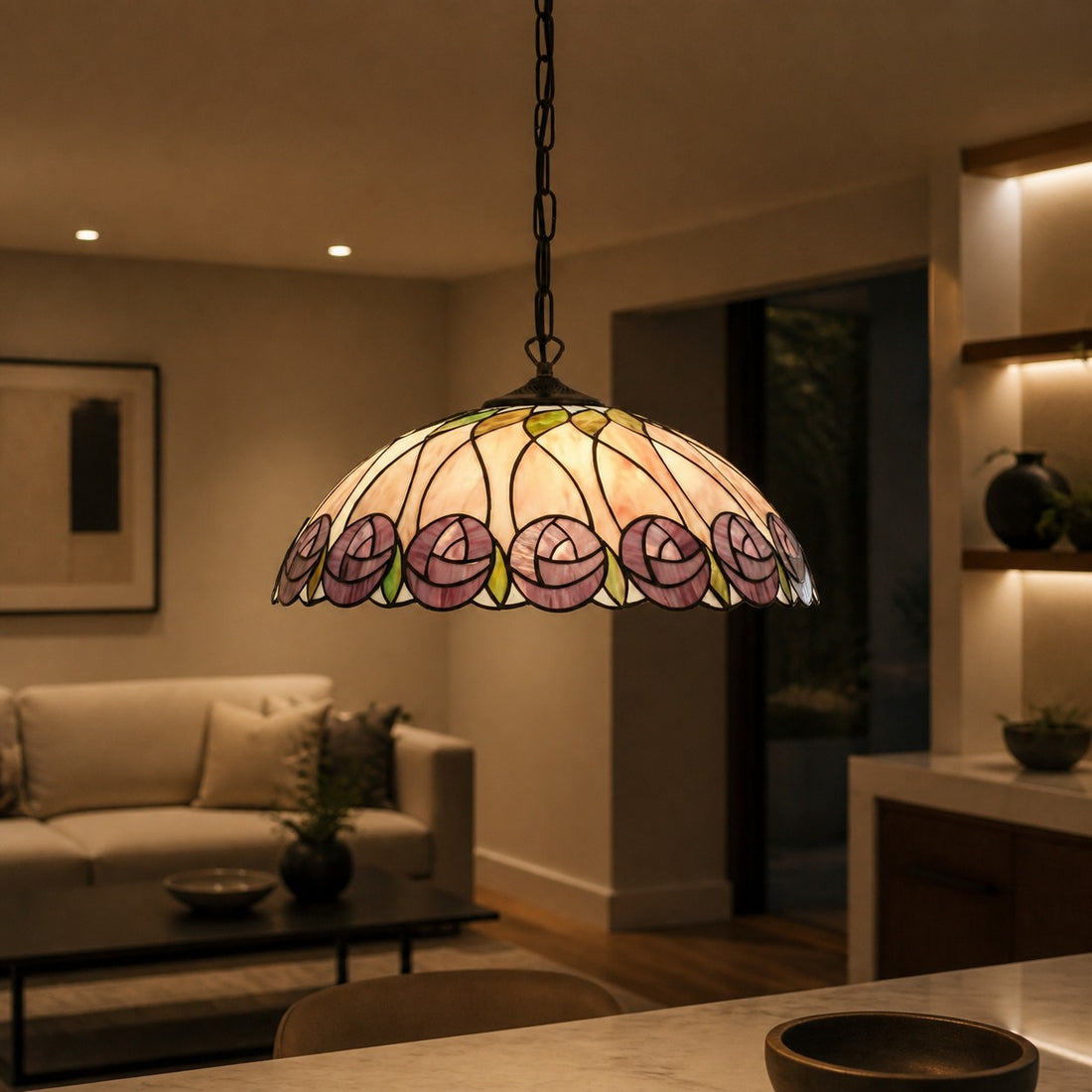 TF Hutchinson Tiffany Glass Pendant Light with Artistic Mosaic Design for Dining and Living Spaces