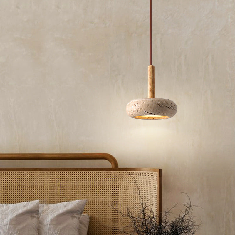 Traditional Japanese Round Wood Travertine Pendant Light