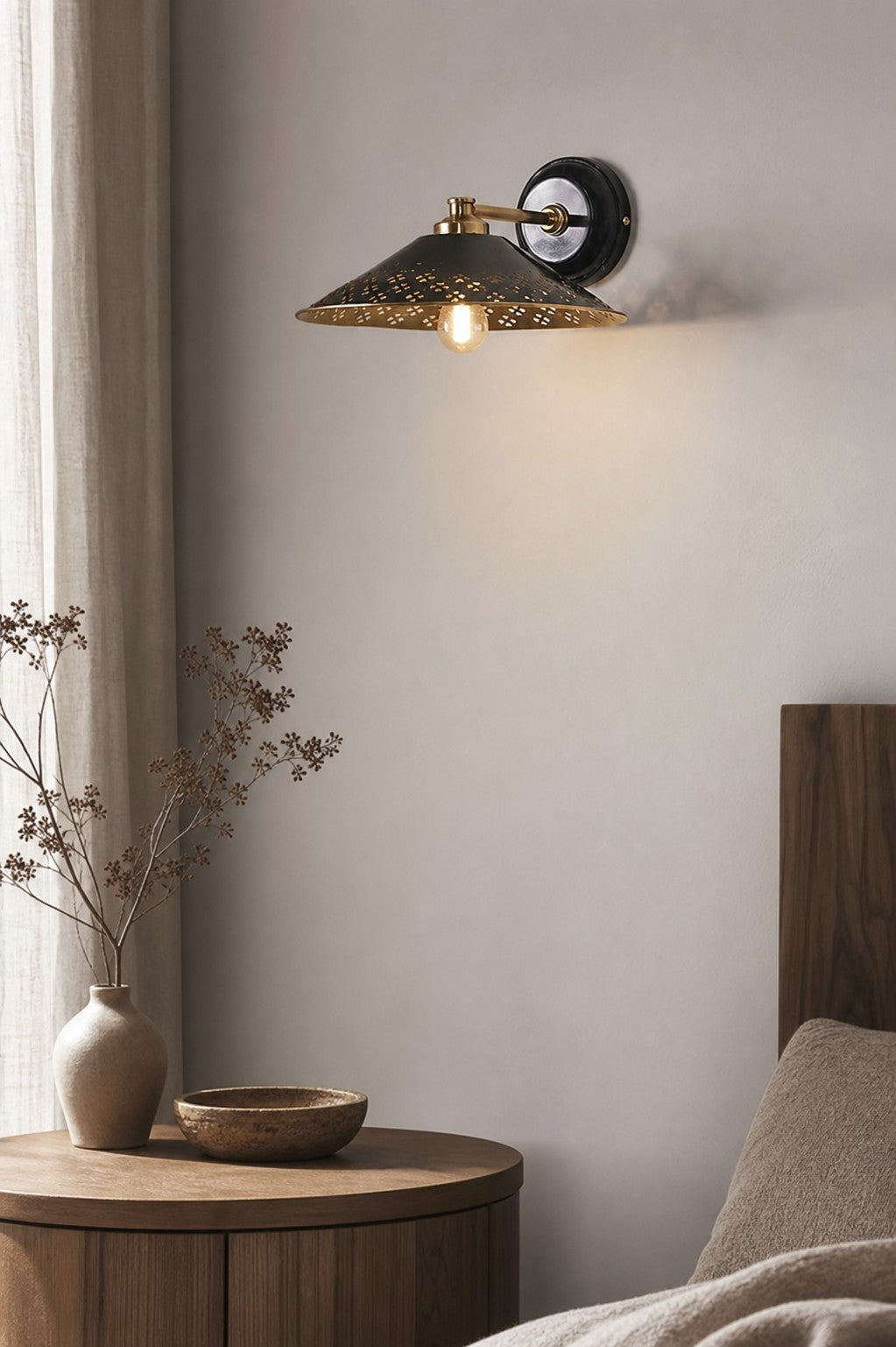Auriglow Modern Wall Sconce – Brass Perforated Light for Bedroom or Hallway