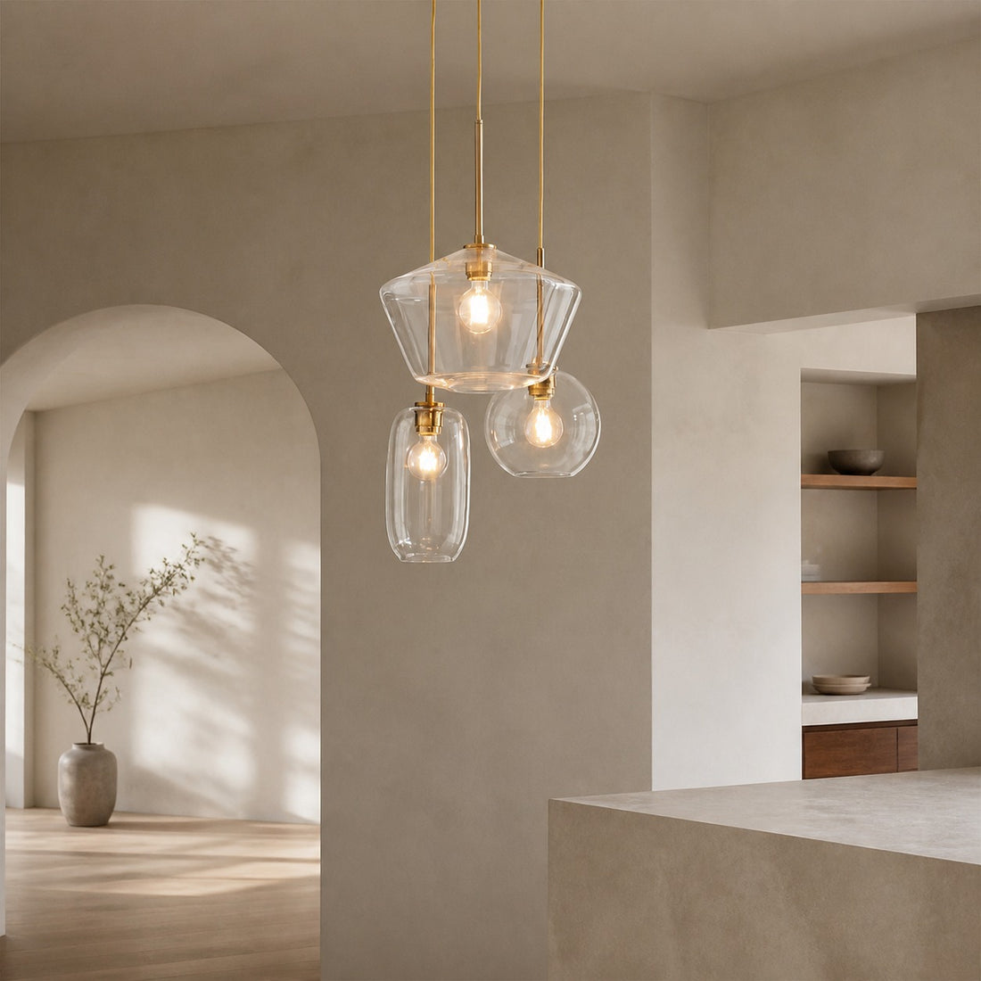 Merin Mixed Sculpture Glass and Metal Triple Chandelier