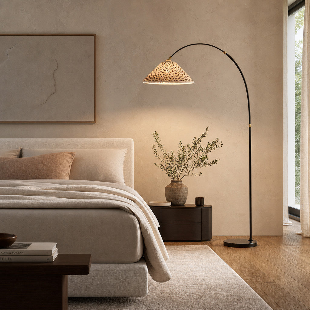 Solmire Veslin Arc Floor Lamp - Pleated Floral Fabric Shade French Style Floor Light for Bedroom and Living Room