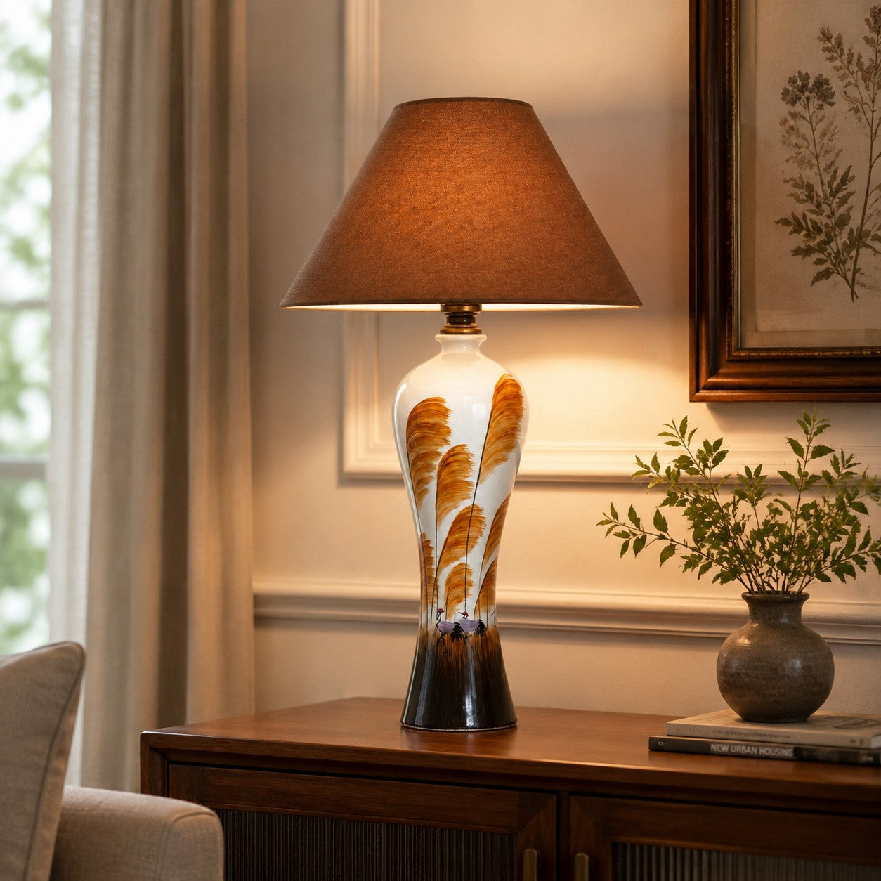 American Style Ceramic Table Lamp with Brown Fabric Shade
