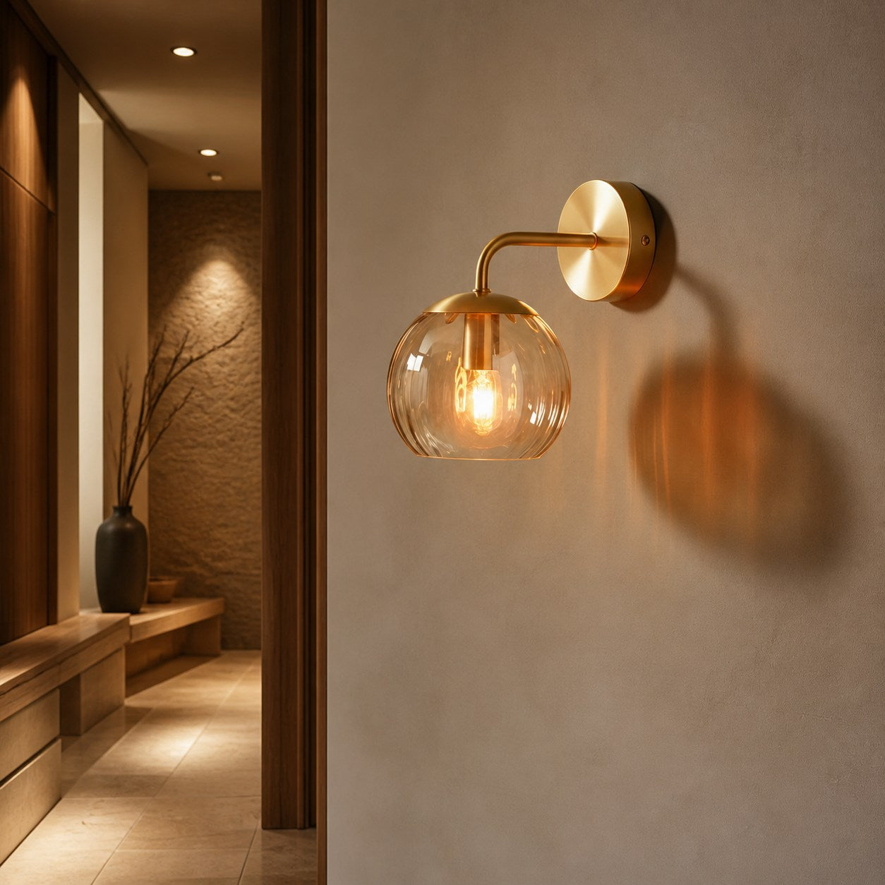 Tracian Brass Textured Glass Wall Lamp – Modern Classic Wall Sconce for Home Interiors & Corridors