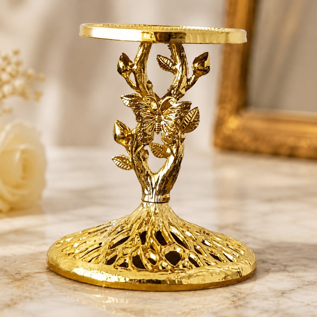 Aura gold butterfly flower candlestick close product view