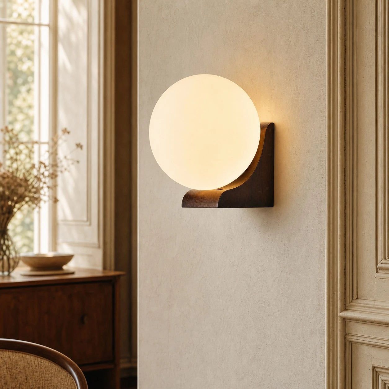 One-head Walnut globe wall sconce in a daylight hallway