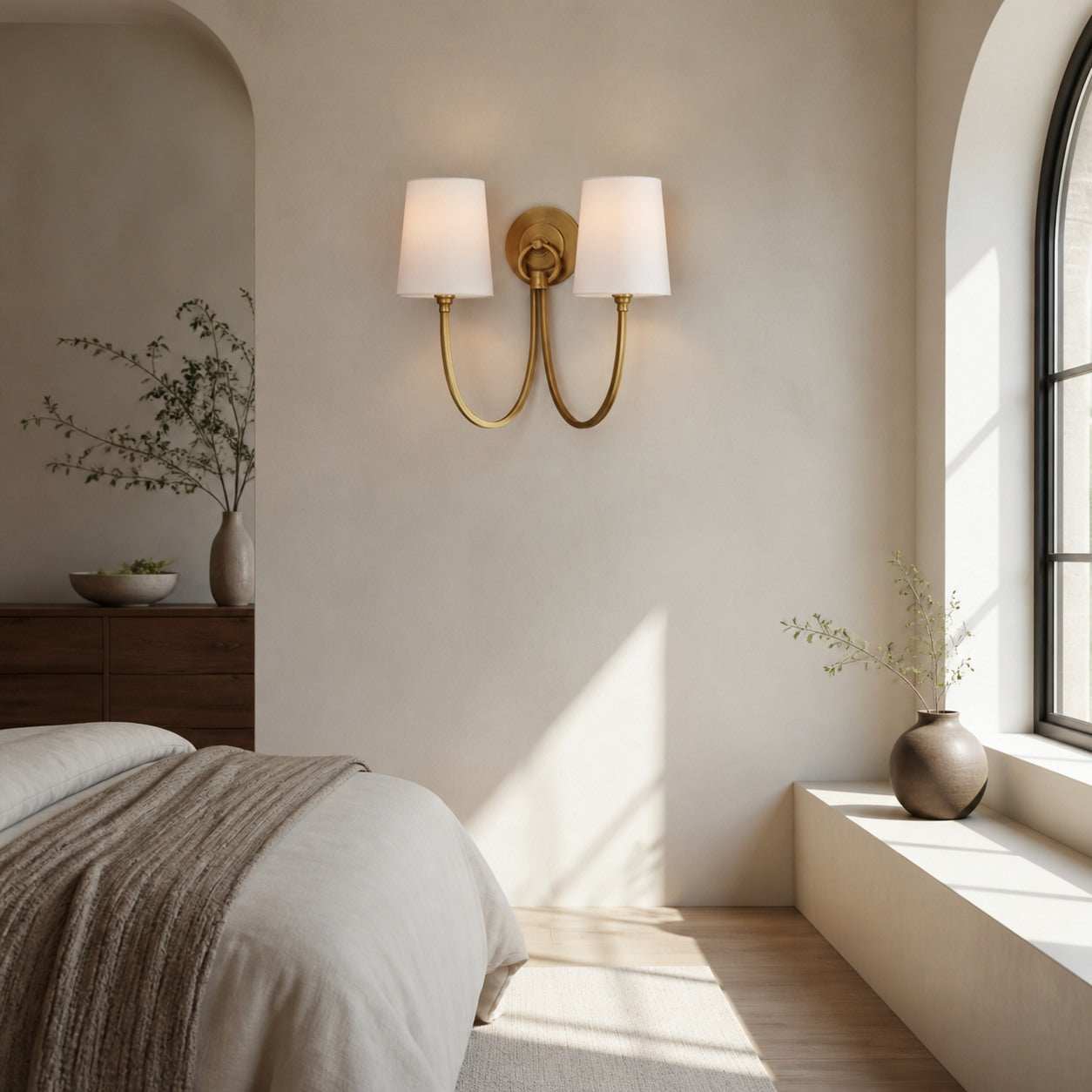 Roven Modern Double Wall Sconce with Curved Arms and Fabric Shades – Classic Accent Lighting for Bedroom