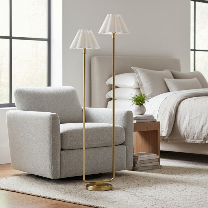 Duova Minimalist 2‑Light Floor Lamp - Modern Pleated Fabric Metal Light for Bedroom or Living Room