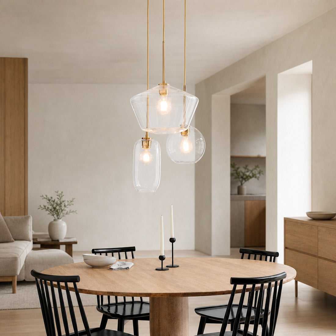 Merin Mixed Sculpture Glass and Metal Triple Chandelier