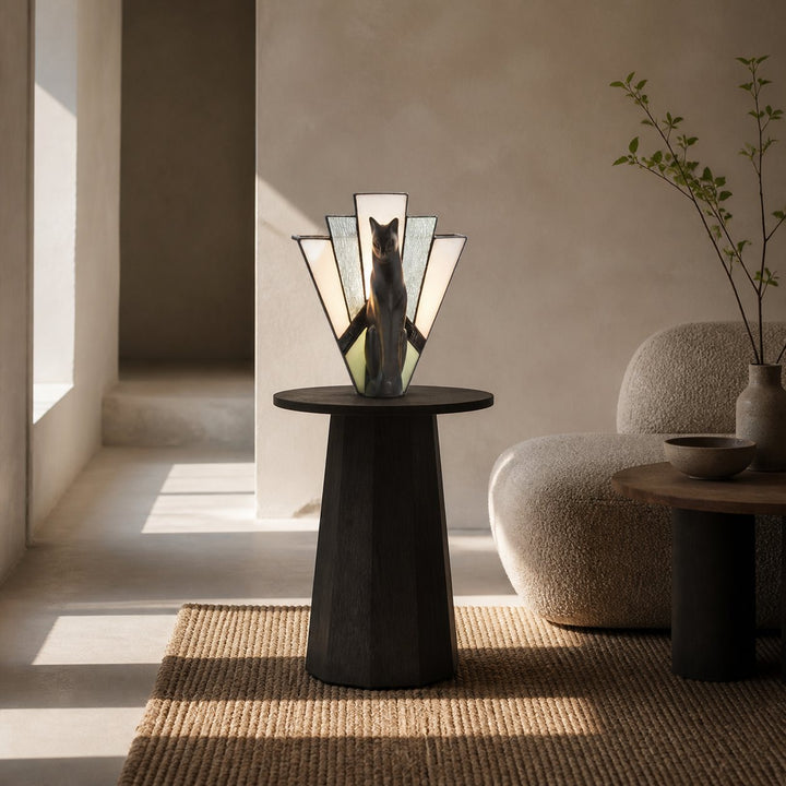 TF Felix Table Lamp – Art Deco Design with Glass Shade and Cat Figurine for Living Room or Bedroom