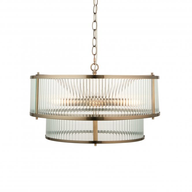 Two Tiered Ribbed Glass Pendant Lamp – Antique Brass Metal Light