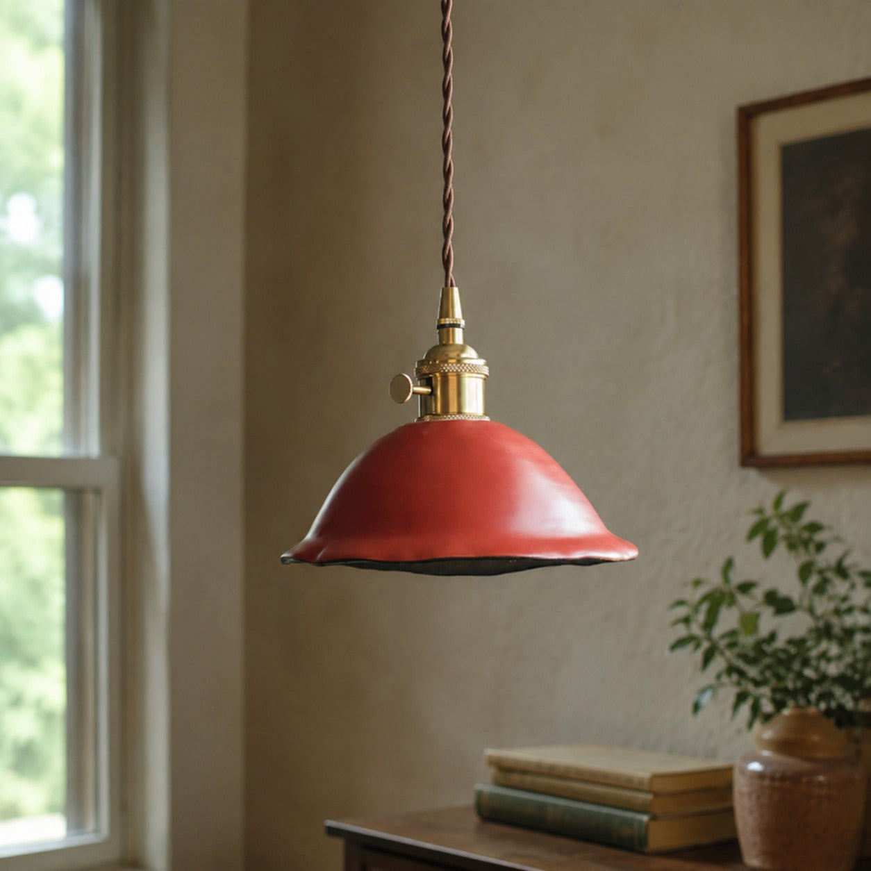 Vintage Dual-Glaze Ceramic Pendant Light with Brass Fittings