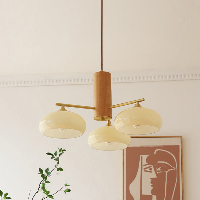 Bowl Shaped Multi - Head Chandelier With Wooden Decoration