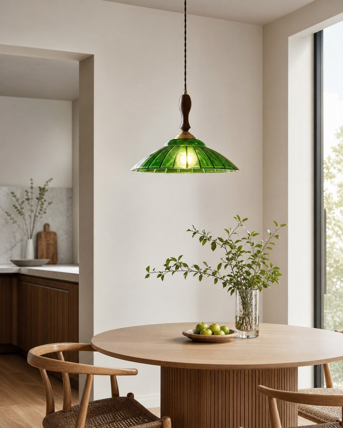 Elunaris Vintage Trumpet Shape Pendant Light with Green Glass Shade for Dining Room