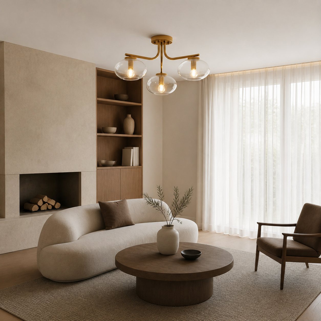 Bublaris Bubble-Glass Semi-Flush Ceiling Light - Curved Brass Arms for Living Room or Hallway