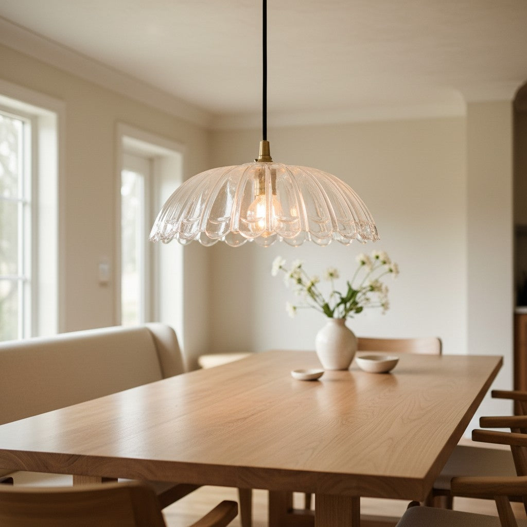 Floriaxis Floral Glass Pendant Light - Floral Glass Shade with Braided Cable for Kitchen or Dining
