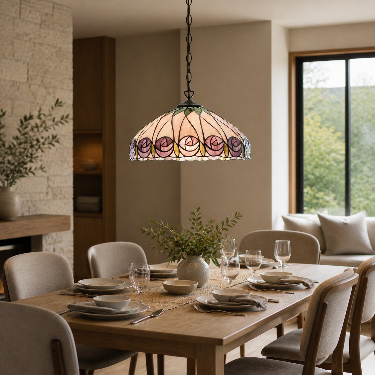TF Hutchinson Tiffany Glass Pendant Light with Artistic Mosaic Design for Dining and Living Spaces