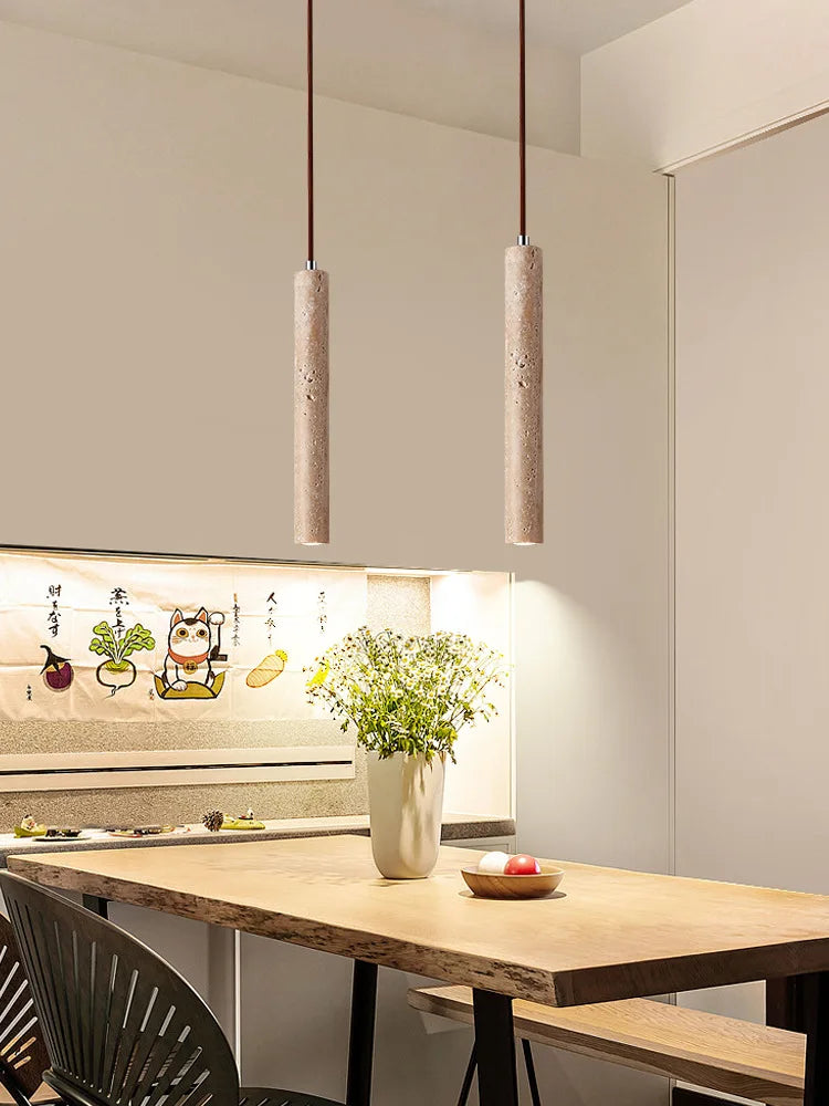 Japanese Wabi Sabi Yellow Travertine Cylinder 1-Light Pendant Light