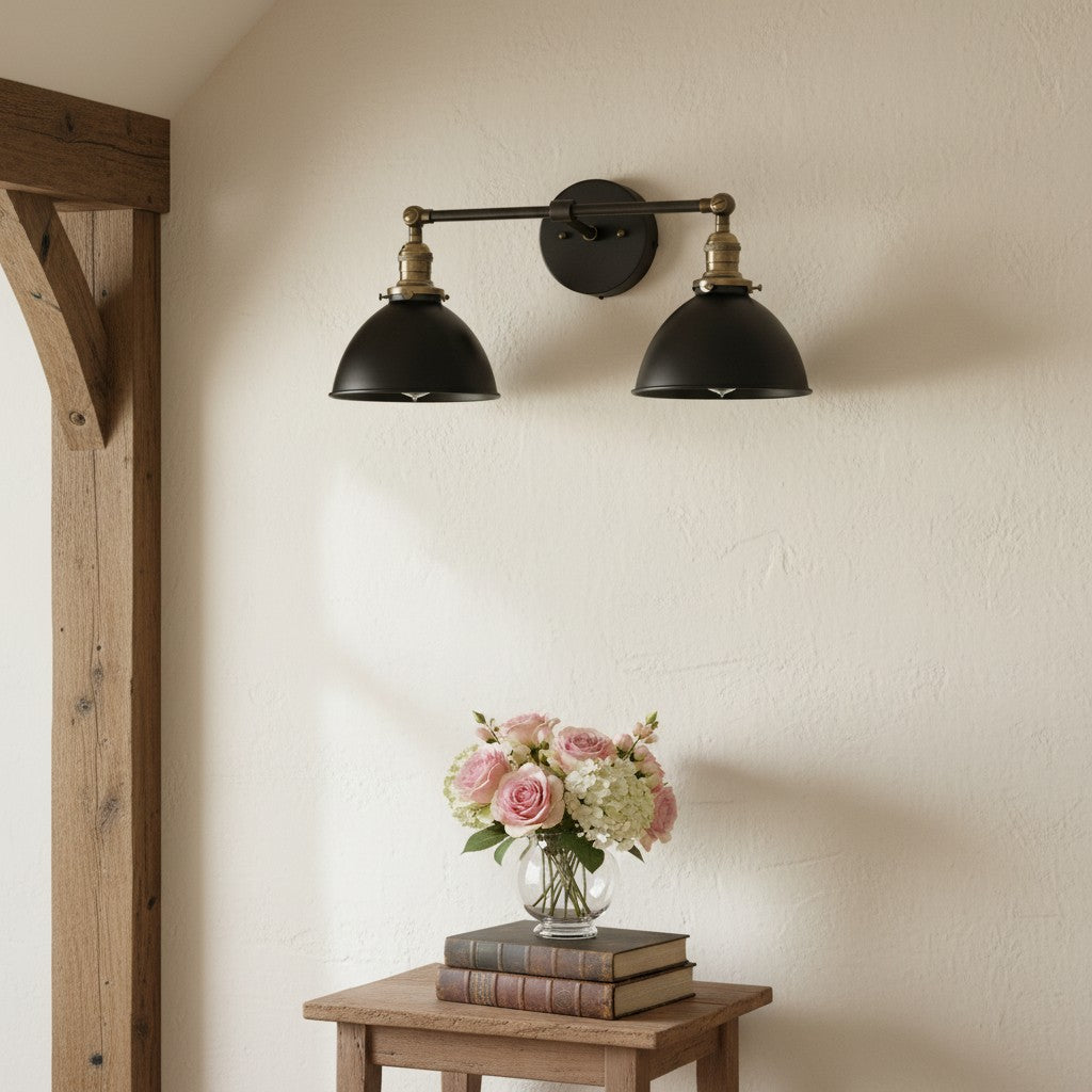Conique Metal Dual Head Wall Fixture with Classic Shades – Industrial Vanity Lamp