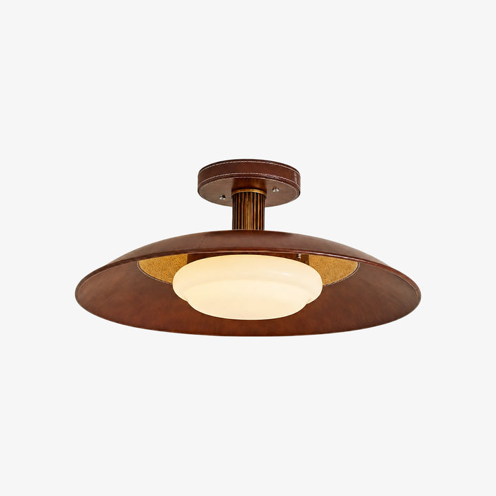 Brown leather-wrapped vintage disc ceiling lamp with opal glass shade